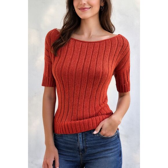 Sweater Project Ribbed Short Sleeve Knit Top Orange Scoop Neck Pulloever Small - Picture 1 of 10